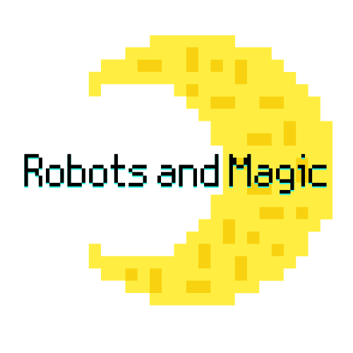 A moon with the site title "Robots and Magic"