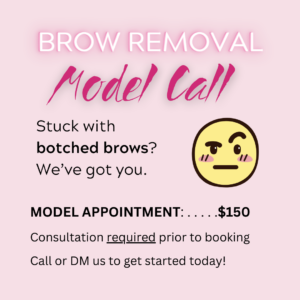 A cute Instagram post with a pink background. Text is asking for brow removal models.